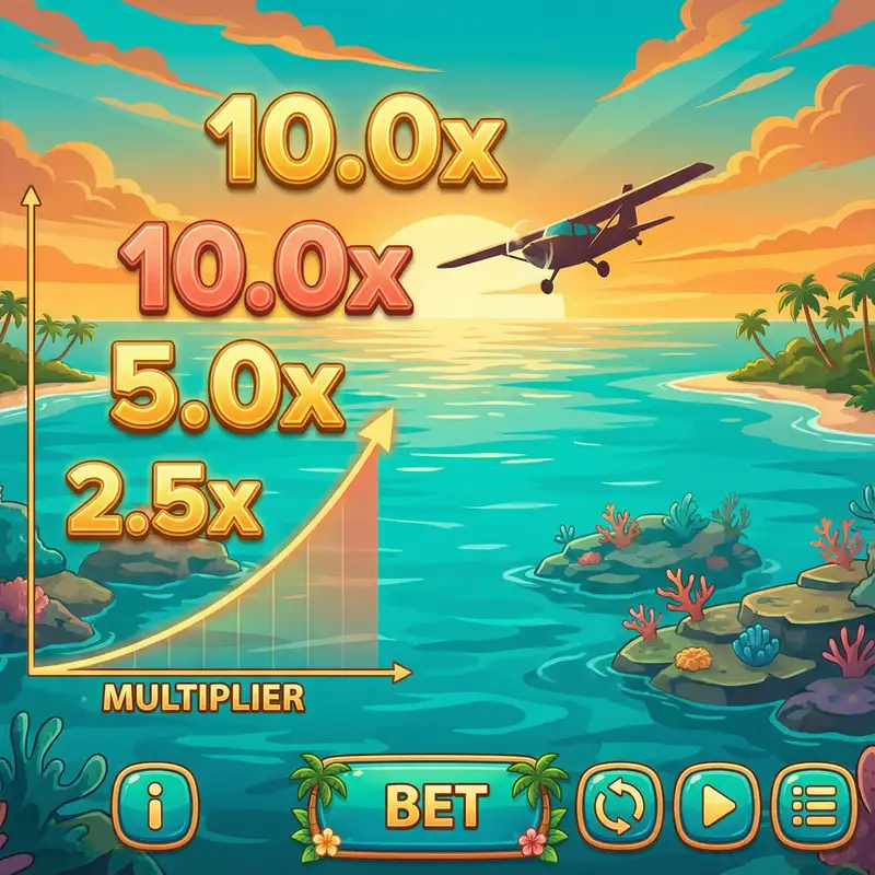 Juego Aviator con avión volando sobre isla tropical de Cozumel y multiplicadores